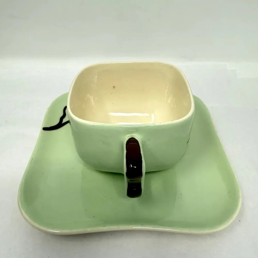Weil Ware California Pottery Cup & Plate Set Hand Decorated Bamboo Lotus Vintage